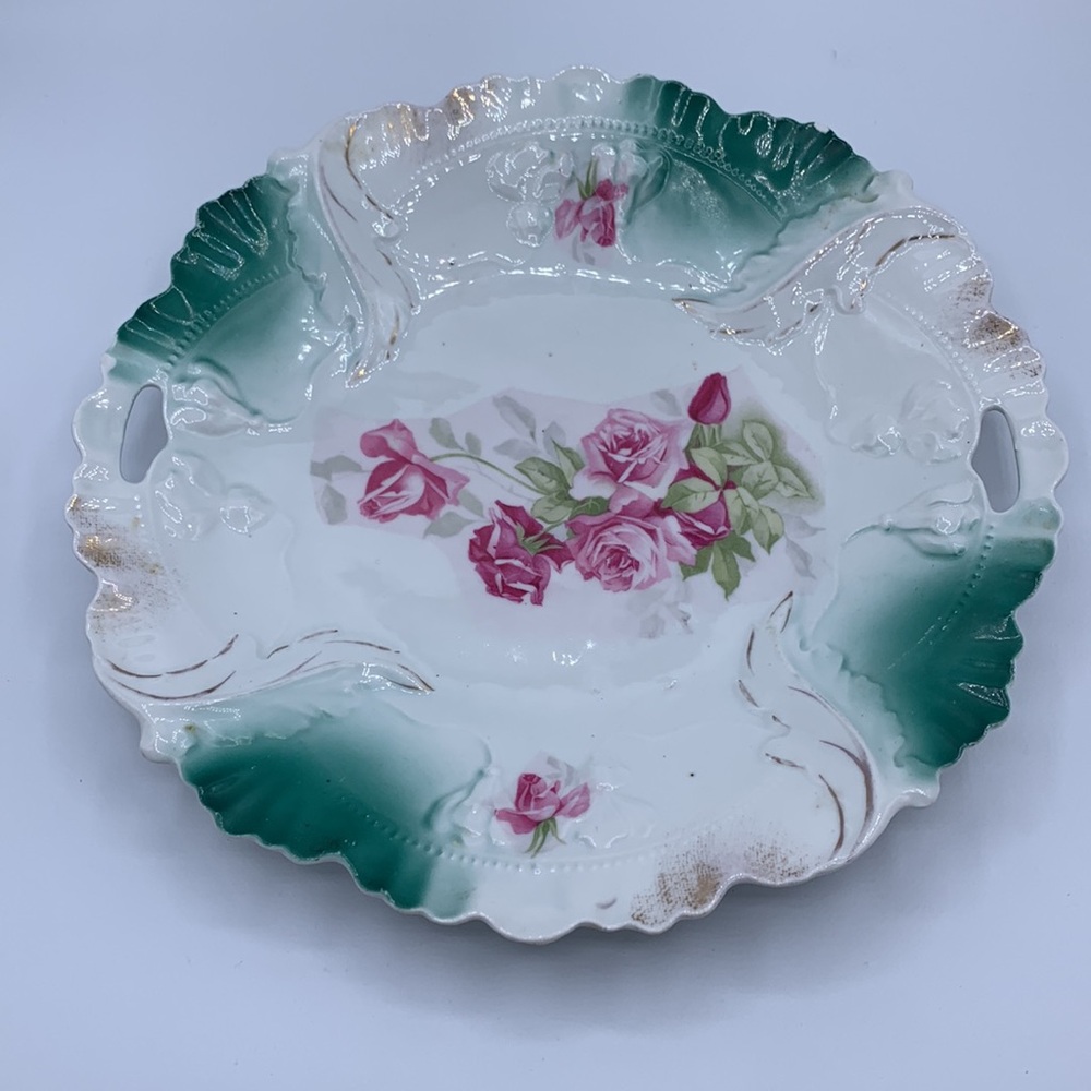 Antique Porcelain Pink Roses Transfer Decal Green & Gold Accents Serveware Plate